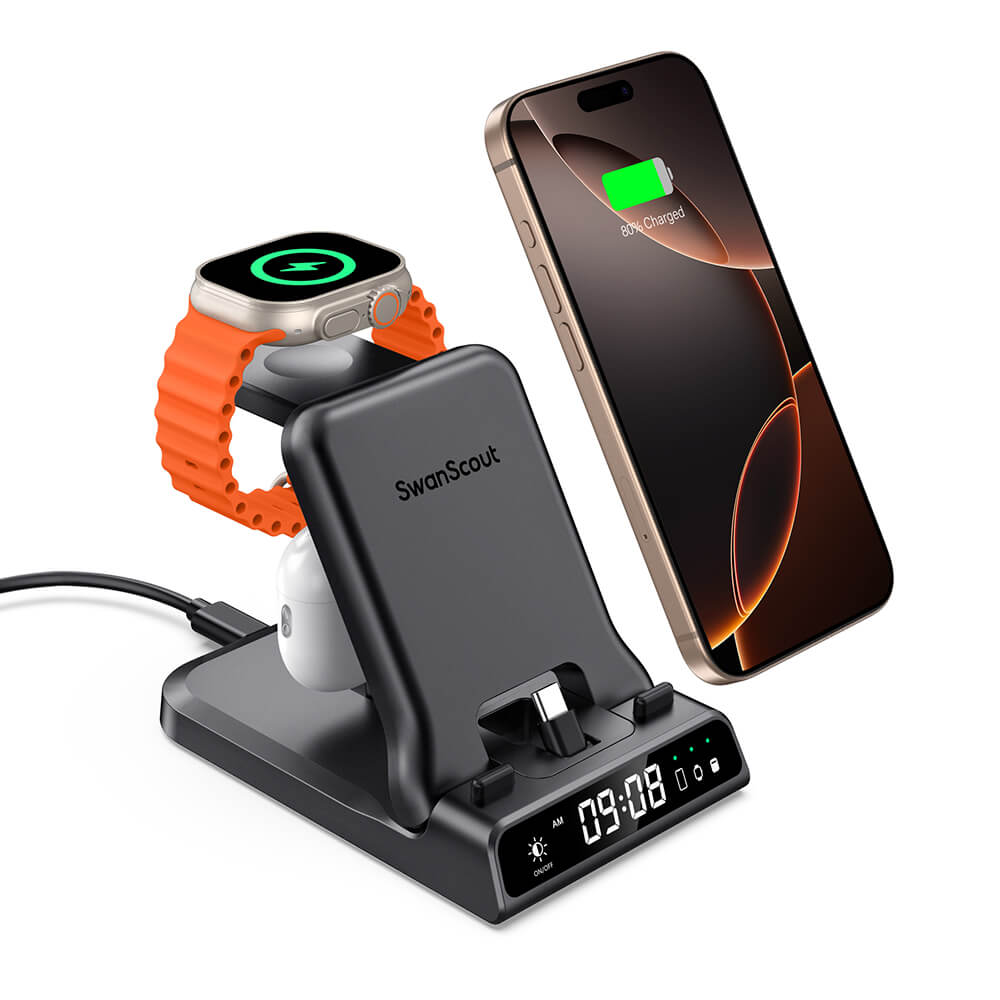 SwanScout 701AC - Wired Fast Charger for Apple (With USB C Port) with Clock