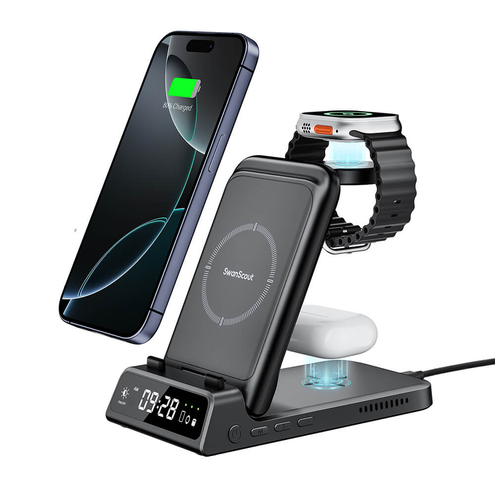 SwanScout 703A -  3 in 1 Wireless Charger for Apple with Clock