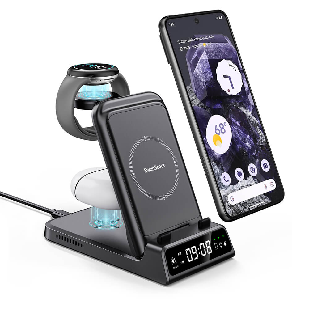 SwanScout 703G -  3 in 1 Wireless Charger for Pixel Watch 1 with Clock