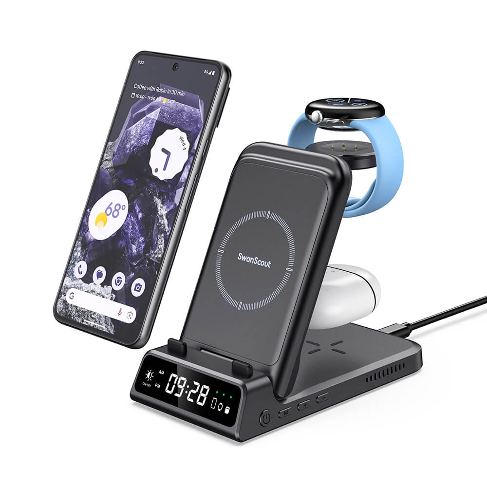 SwanScout 703G2 -  3 in 1 Wireless Charger for Pixel Watch 2/3 with Clock