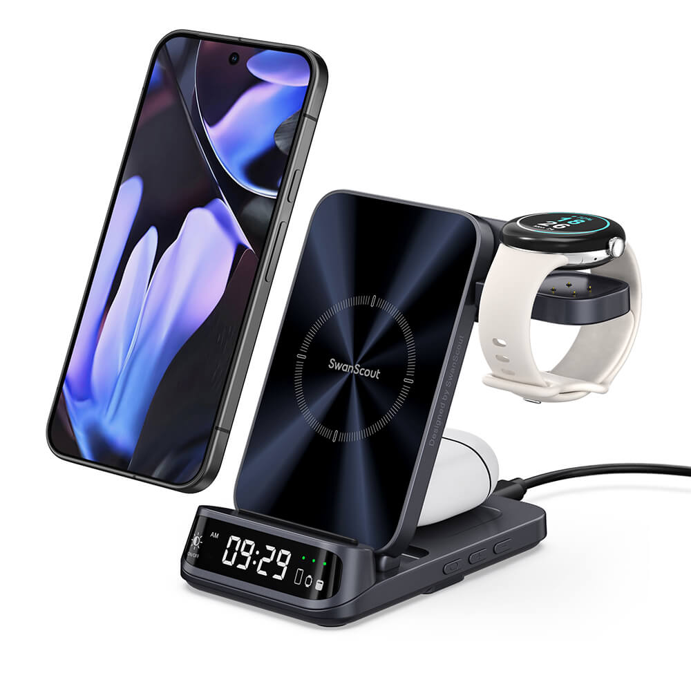 SwanScout 708G2 - 3 in 1 Wireless Charger for Pixel Watch 2/3 with Clock