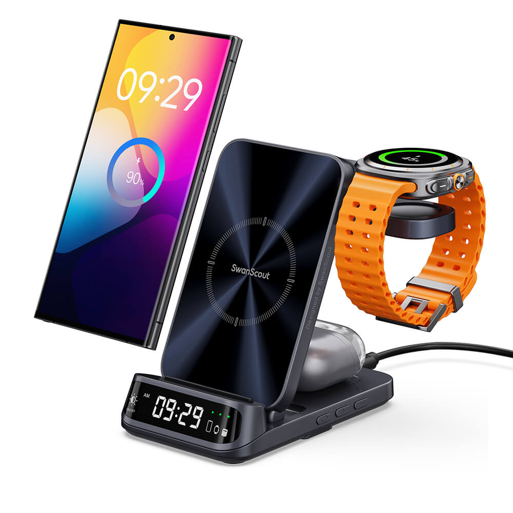 The Samsung 3 in 1 charging station charges your phone, watch, and earbuds all at once.