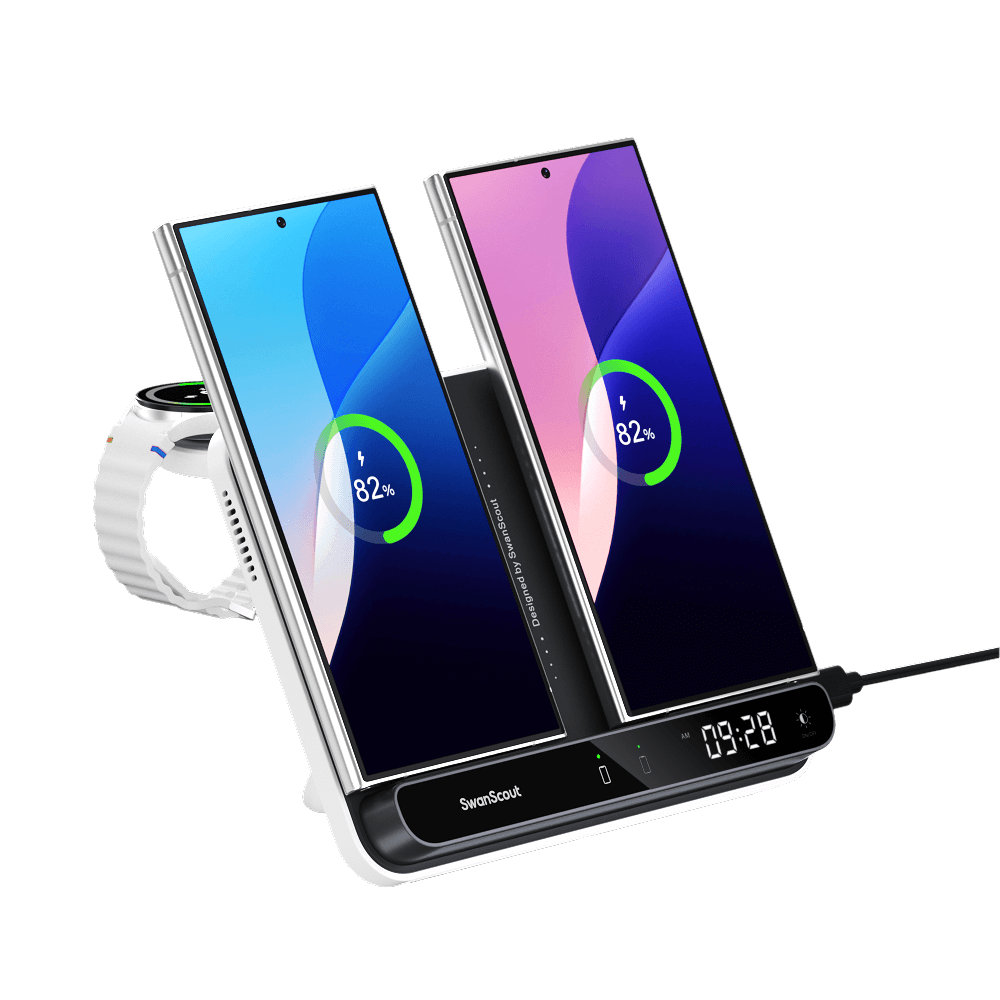 The dual wireless charger offers simultaneous charging for two Samsung devices.